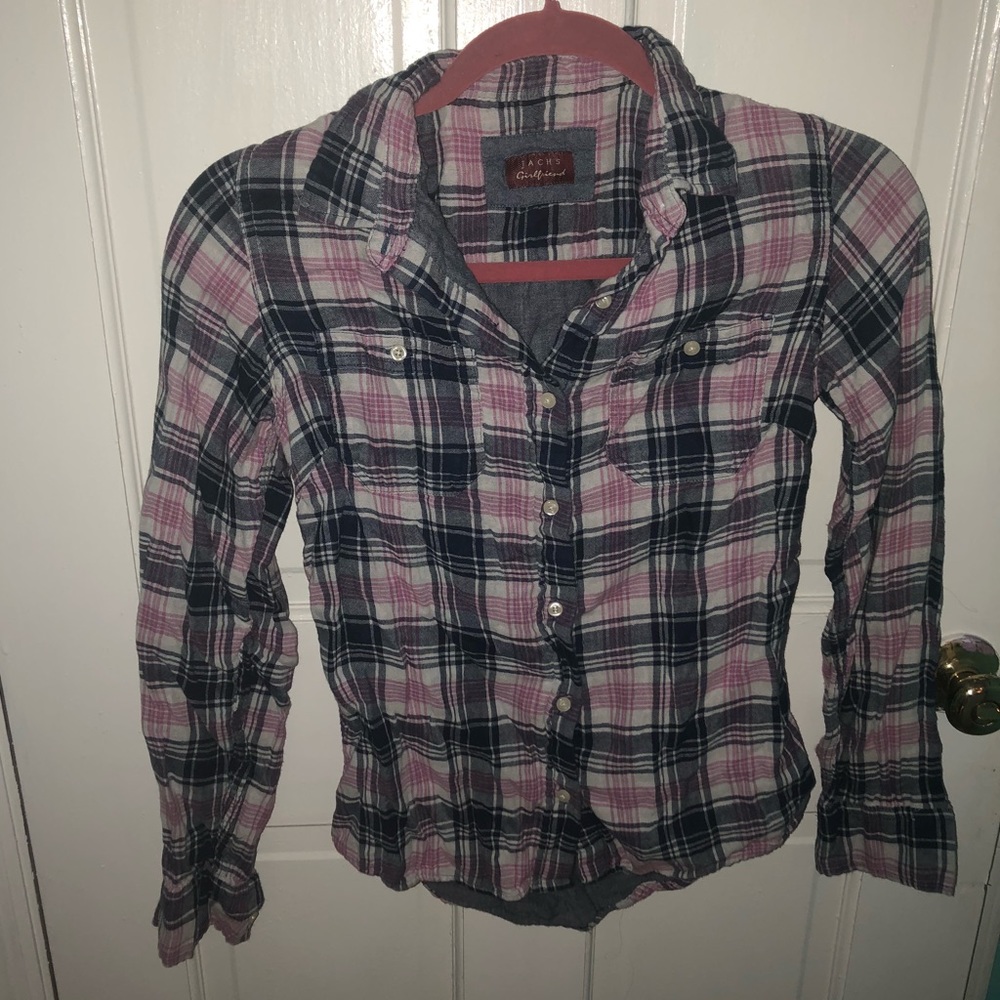 Pink and Blue Plaid Button-Down Flannel (EUC)